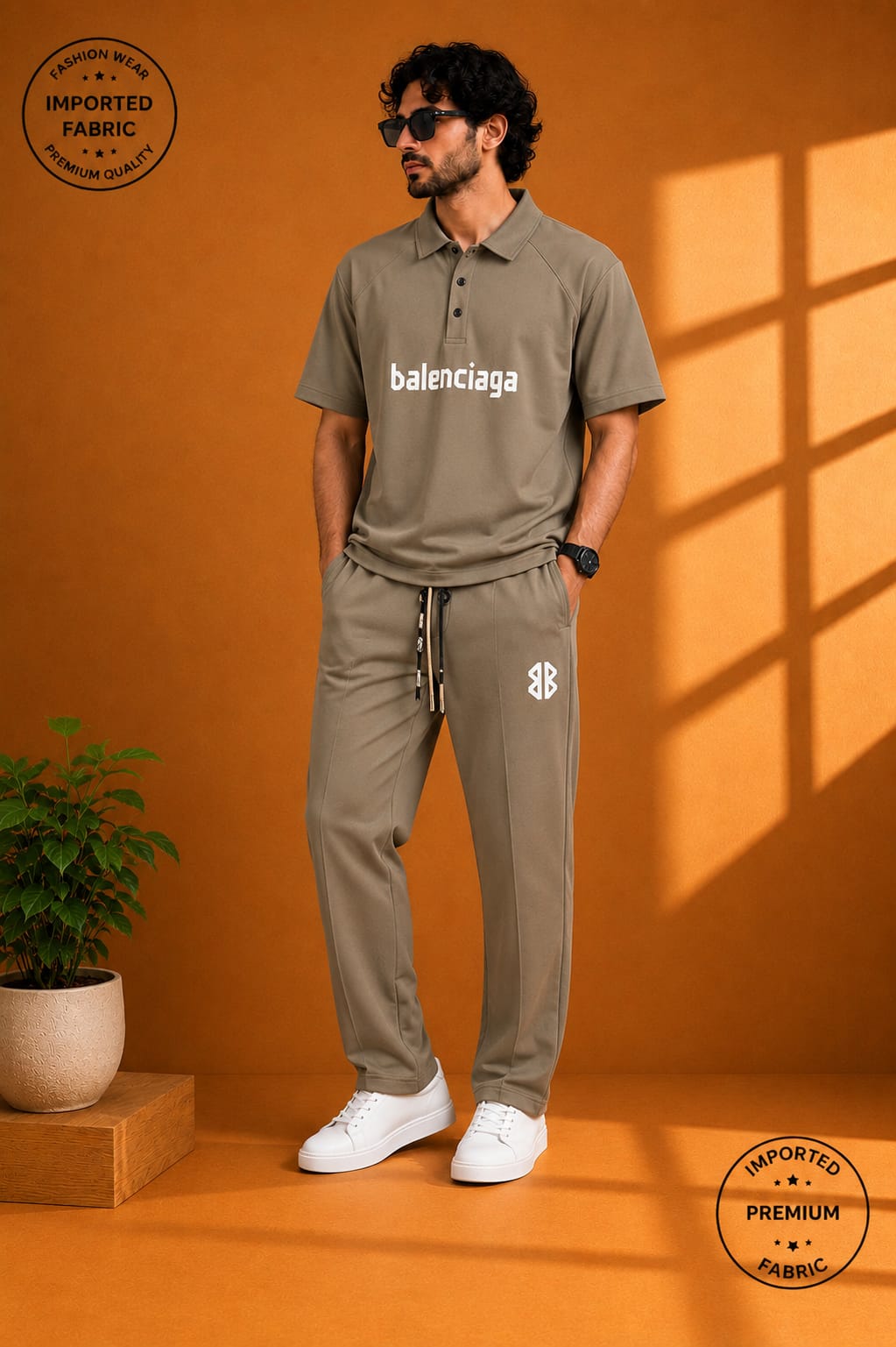 Men's Premium Lining Imported Nylon T-Shirt & Trouser Set – Beige