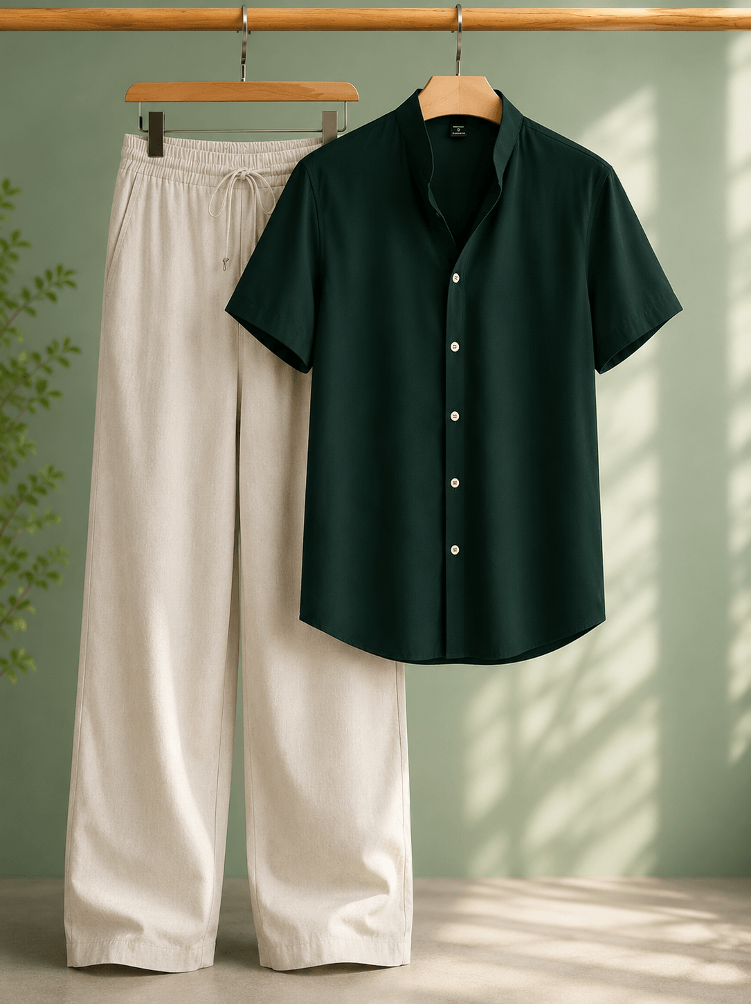 Cuban Collar Shirt & Baggy Fit Trouser Co-Ord Set- Green