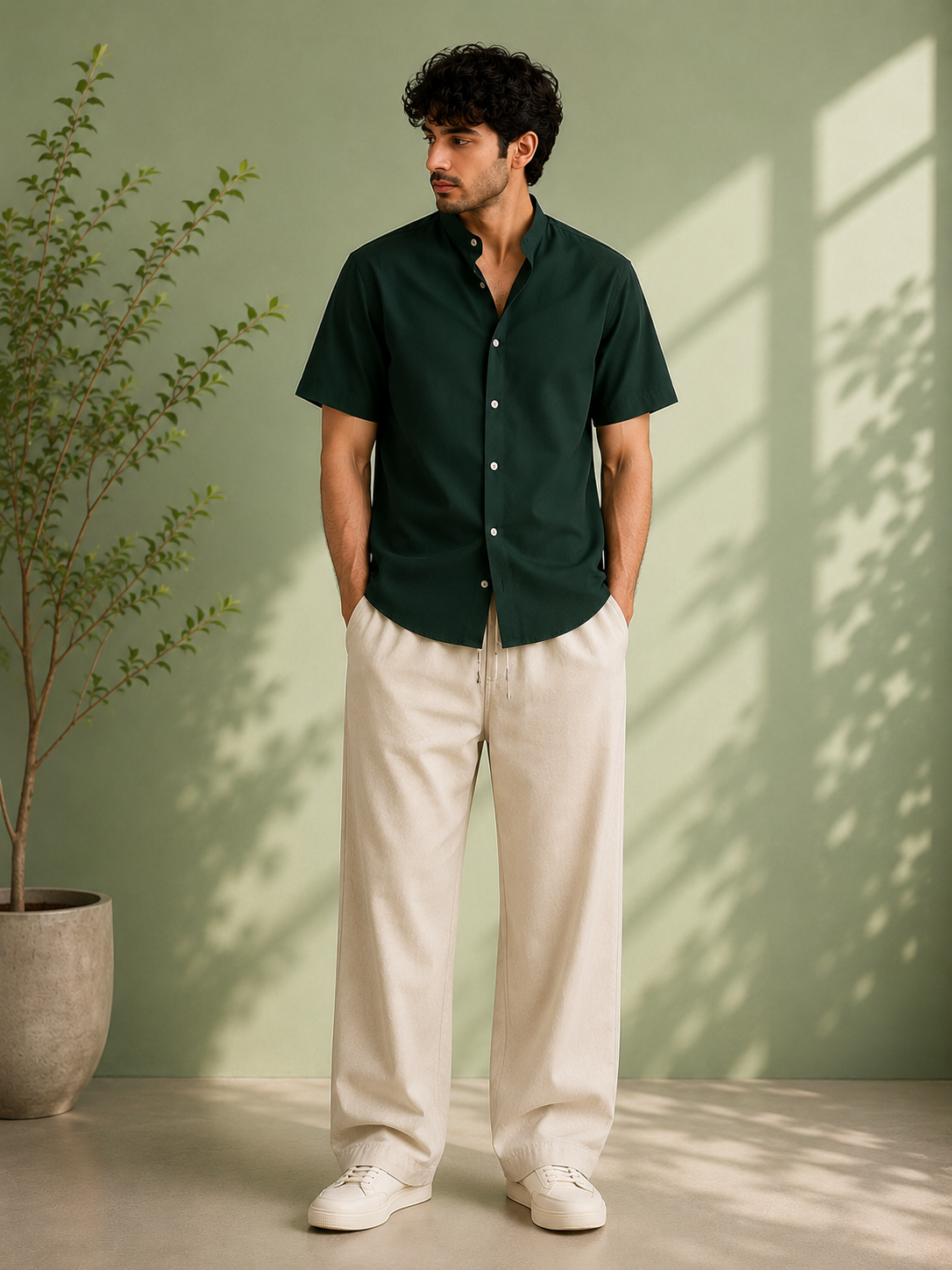 Cuban Collar Shirt & Baggy Fit Trouser Co-Ord Set- Green