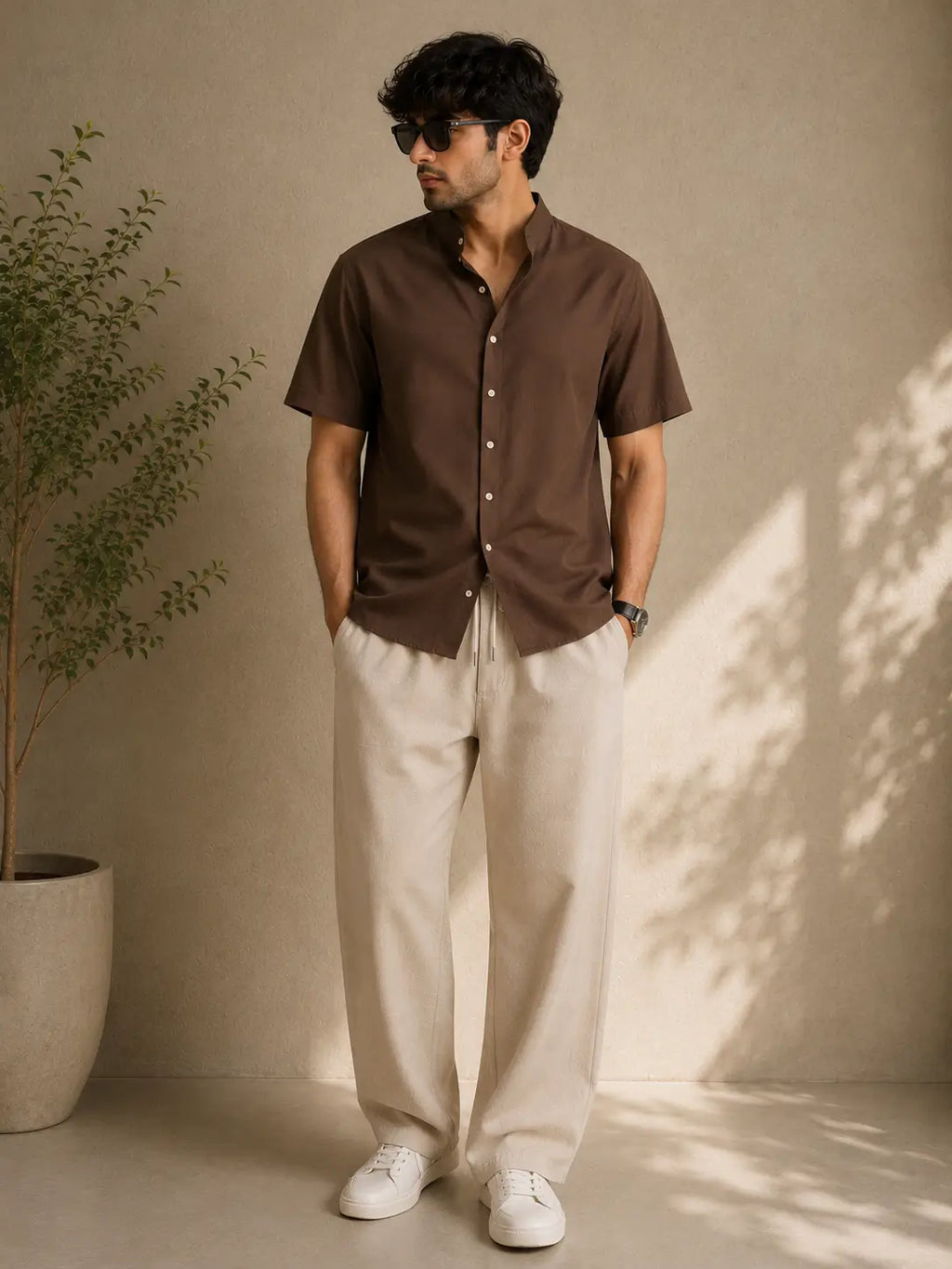 Cuban Collar Shirt & Baggy Fit Trouser Co-Ord Set- Brown