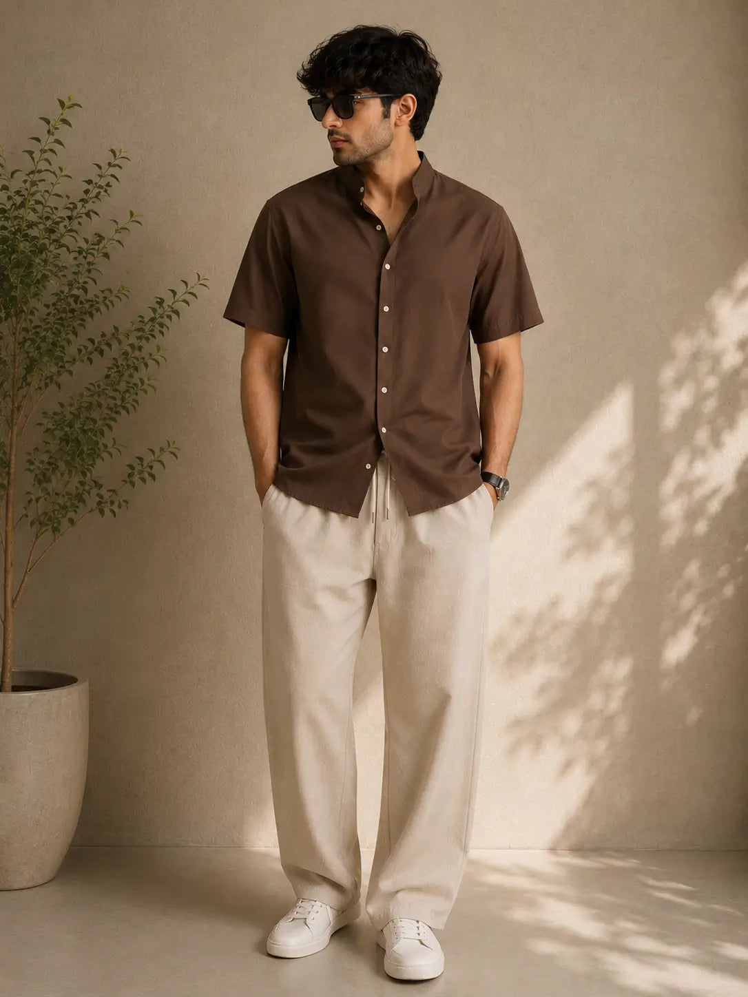 Cuban Collar Shirt & Baggy Fit Trouser Co-Ord Set- Brown