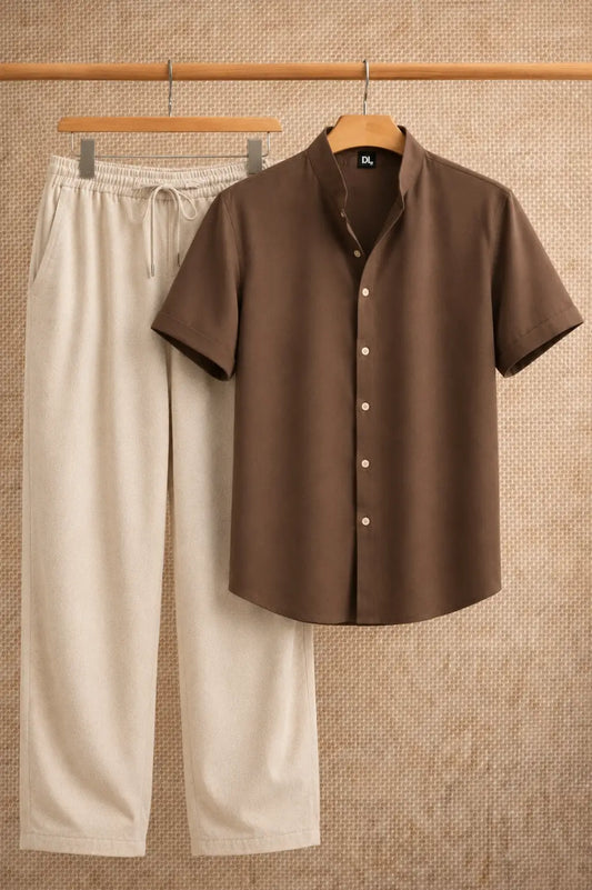 Cuban Collar Shirt & Baggy Fit Trouser Co-Ord Set- Brown