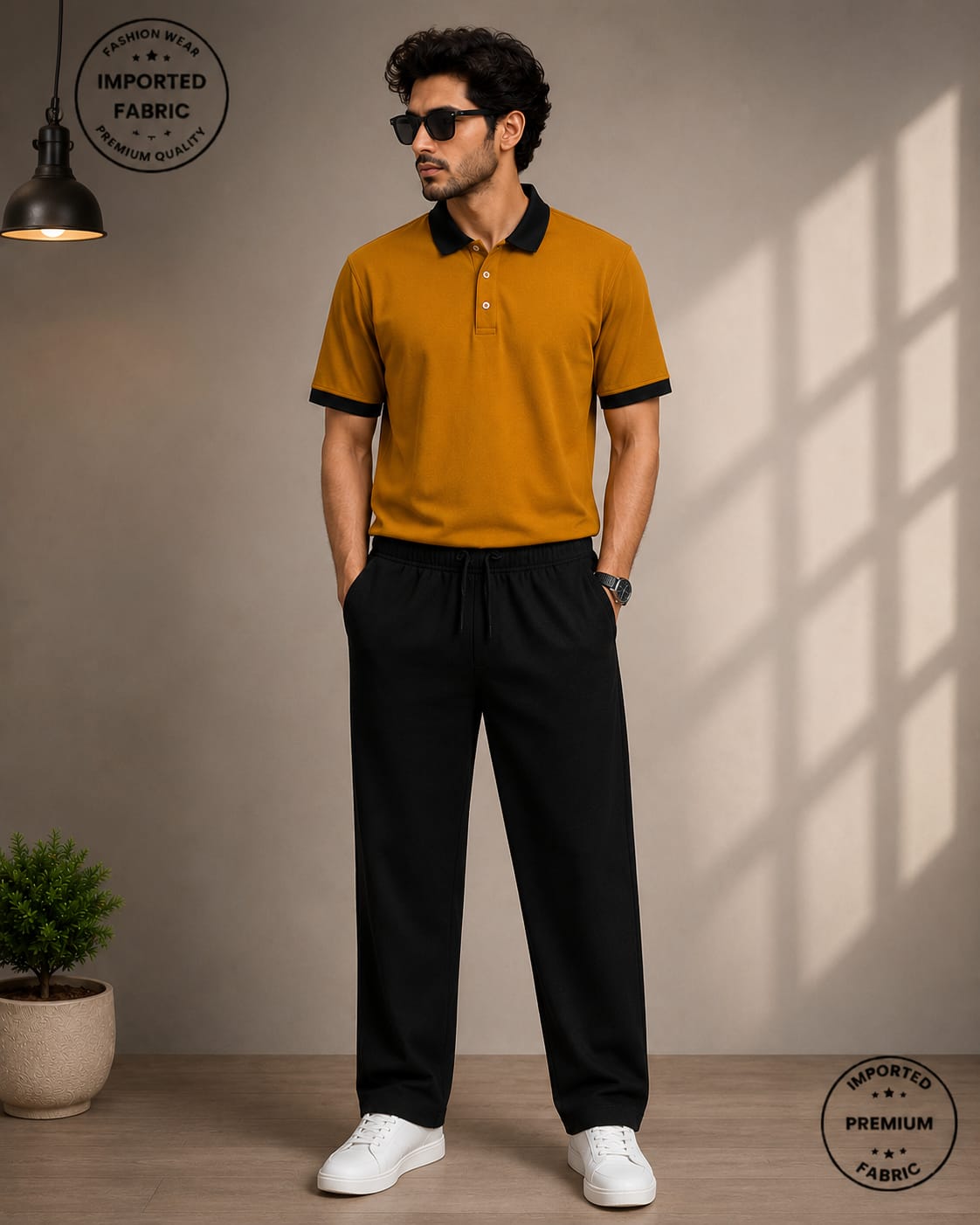 Cuban Collar Shirt & Baggy Fit Trouser Co-Ord Set- Yellow Black