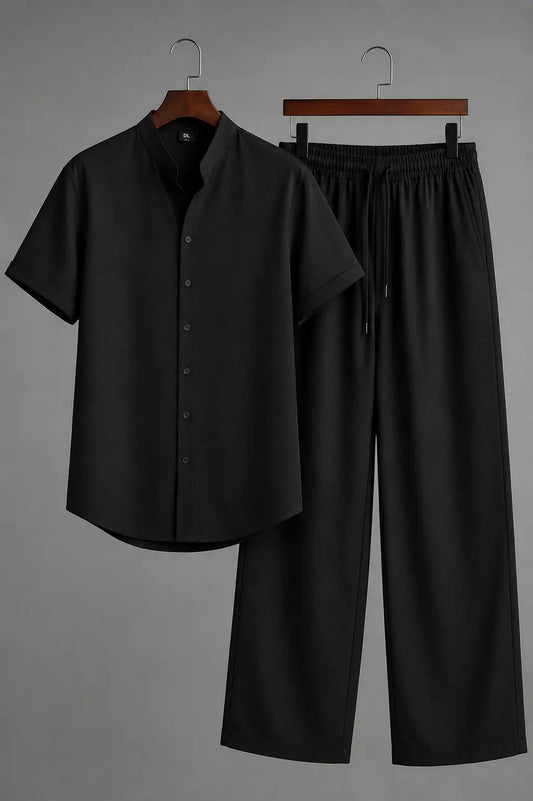 Cuban Collar Shirt & Baggy Fit Trouser Co-Ord Set- Black