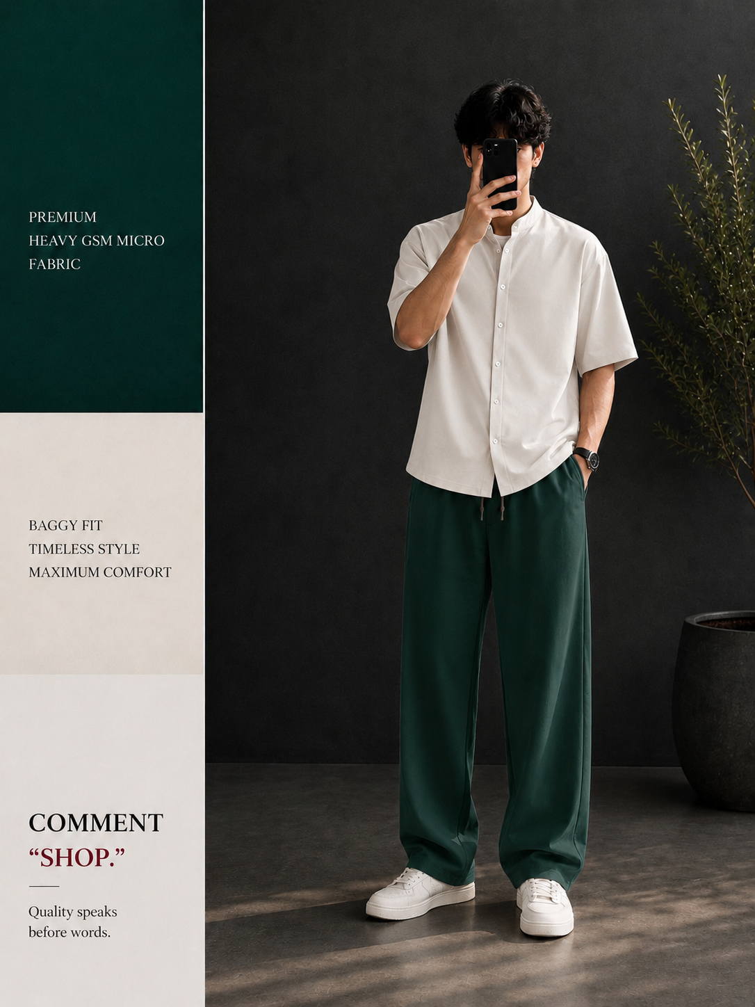 Cuban Collar Shirt & Baggy Fit Trouser Co-Ord Set- WHITE