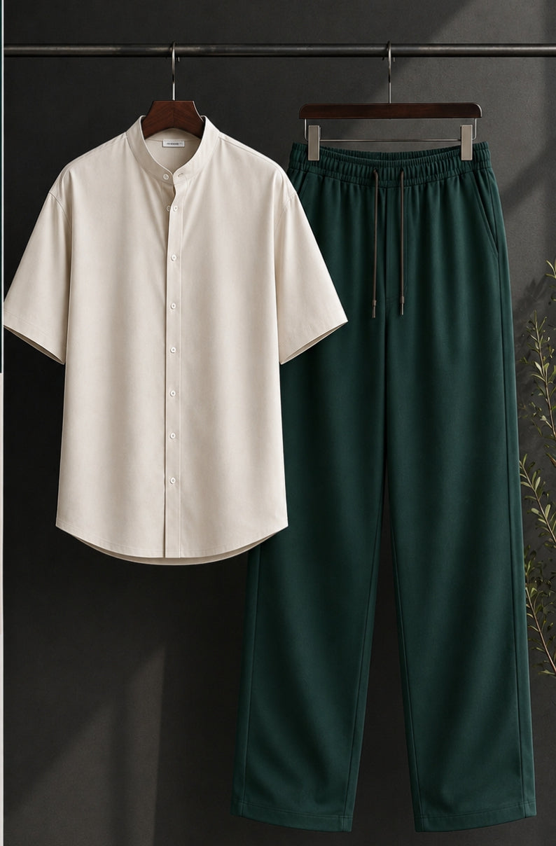 Cuban Collar Shirt & Baggy Fit Trouser Co-Ord Set- WHITE