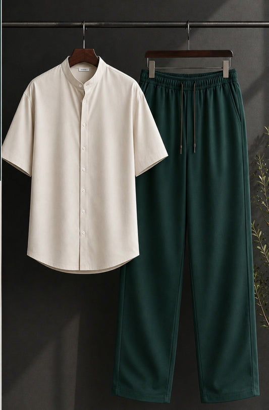 Cuban Collar Shirt & Baggy Fit Trouser Co-Ord Set- white